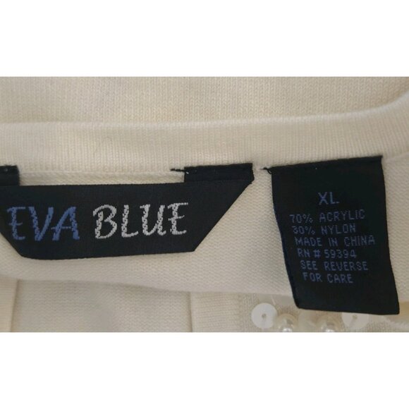 Vintage Eva Blue Ivory Beaded Sweater Cardigan XL Cropped Coquette Sequins - Picture 7 of 7